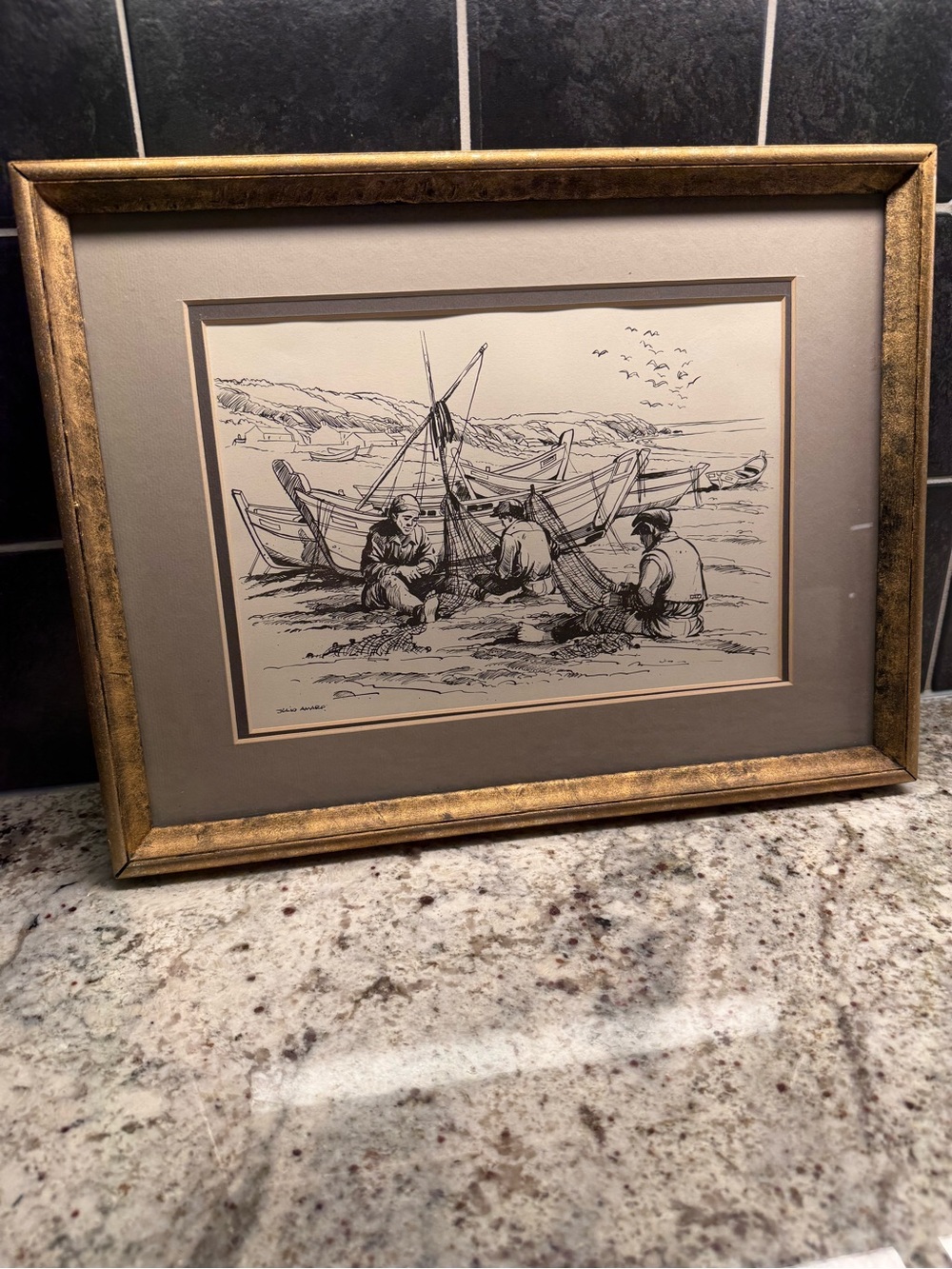 Black & White Nautical Print of fisherman mending nets